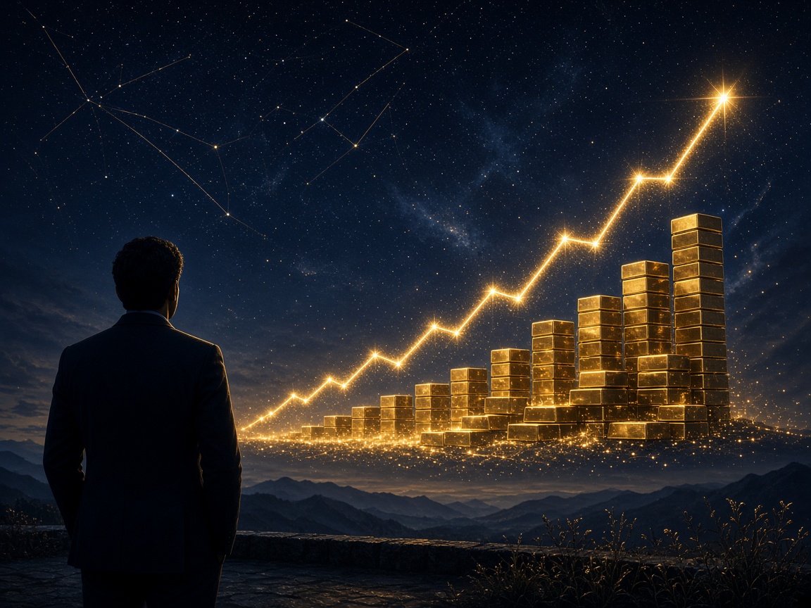 A rising gold career path in a night sky