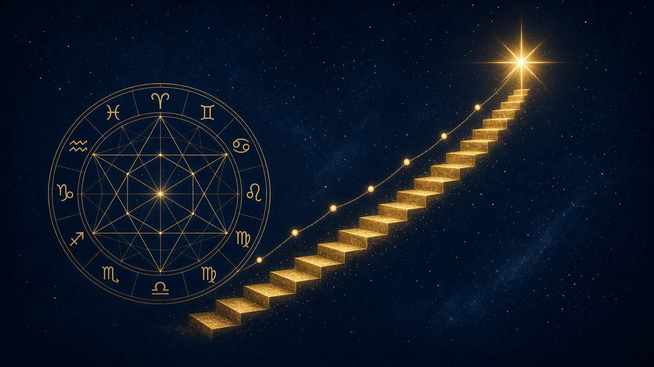 Gold zodiac ring and rising career path in a night sky