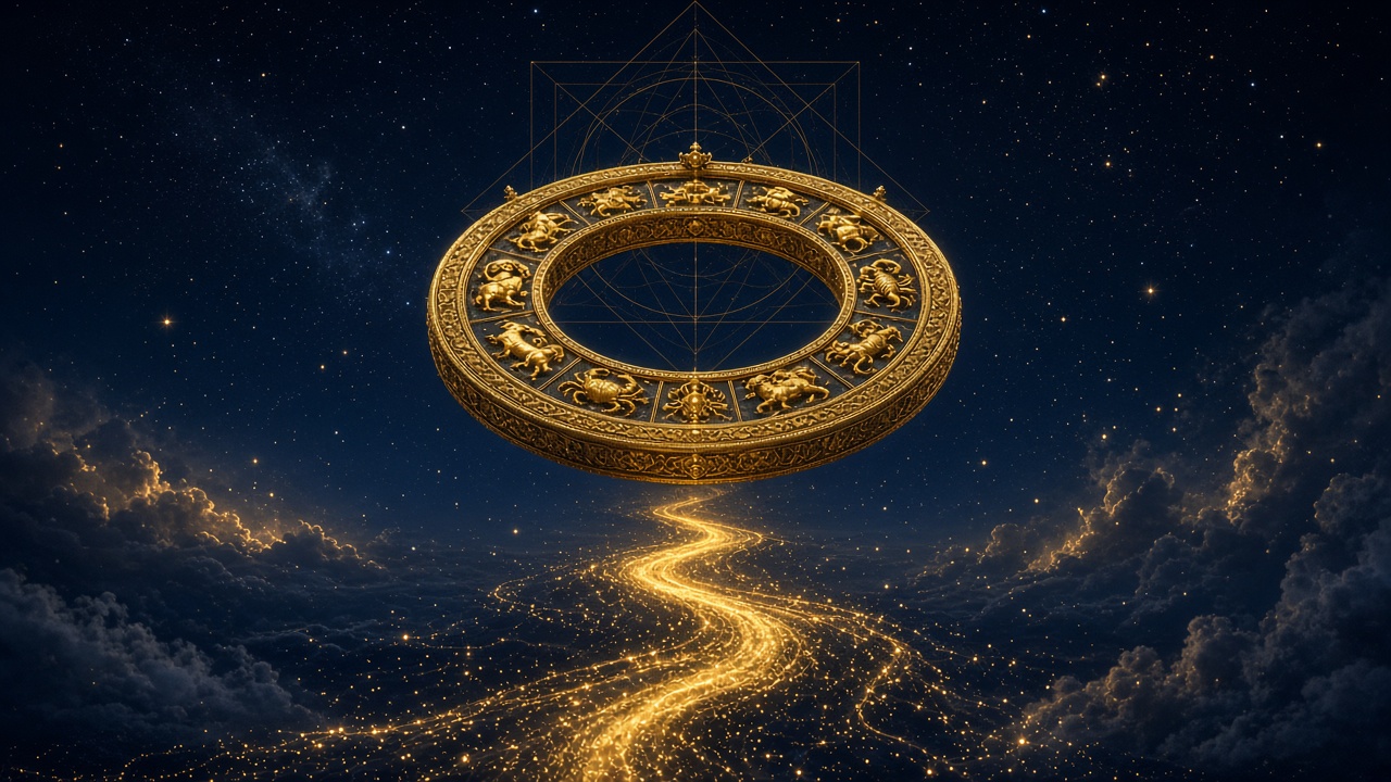 Gold zodiac ring over a night sky